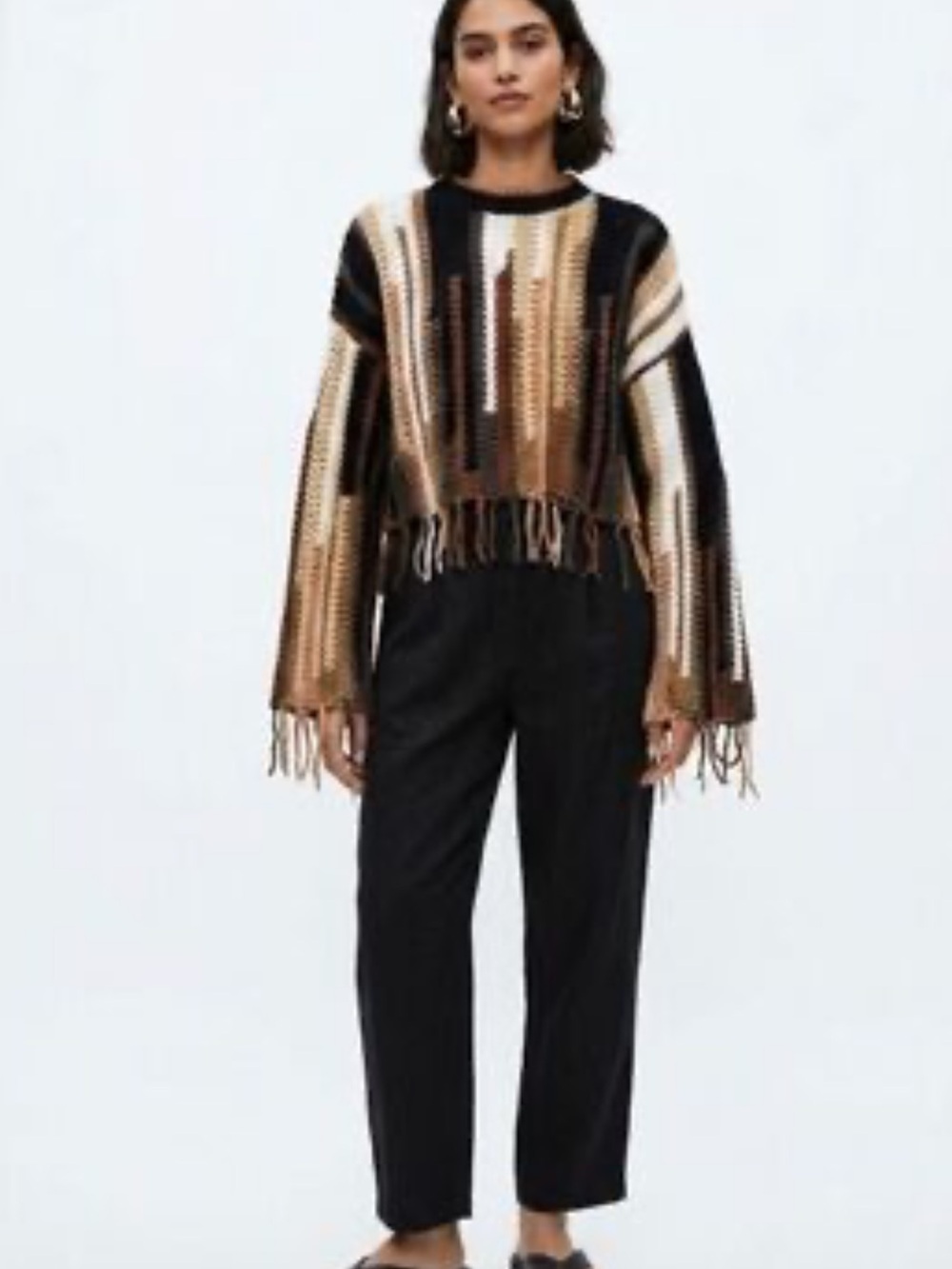 Zara Fringed Striped Knit Sweater - Black, Brown & Cream